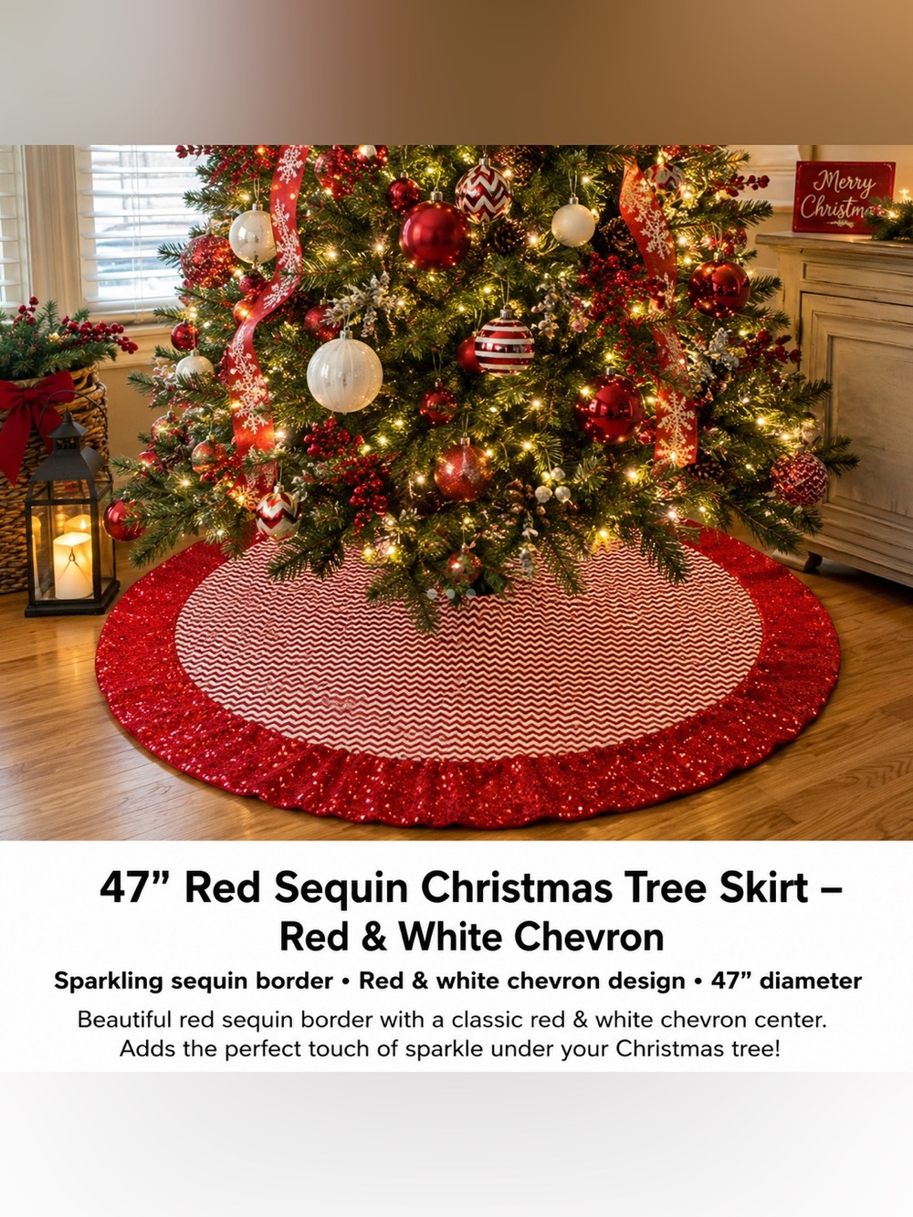 47” Red Sequin Christmas Tree Skirt – Red & White Chevron
